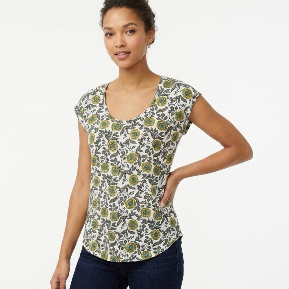 Loft Womens Linen Blend T-Shirt XS Sunflower Floral Print Cap Short Sleeve White